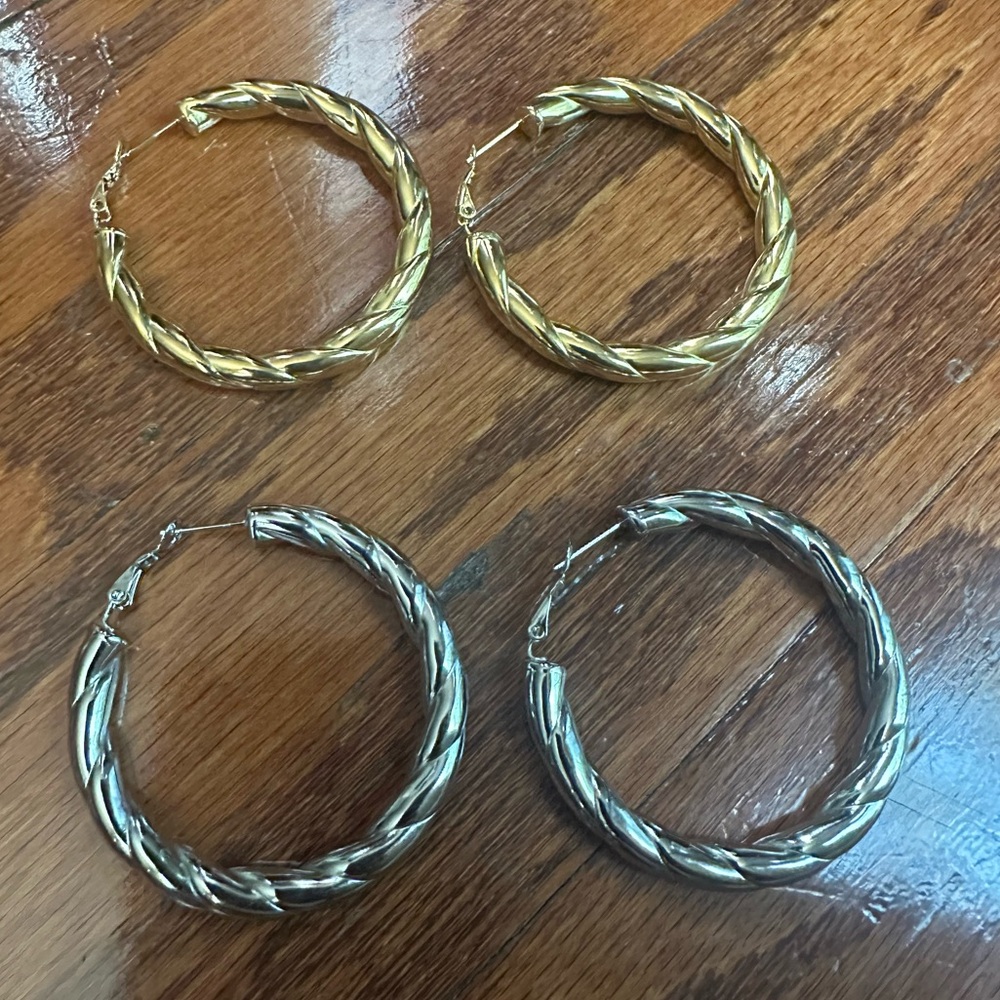 Elegant Gold and Silver Hoop Earrings Stainless Steel 2 Pairs